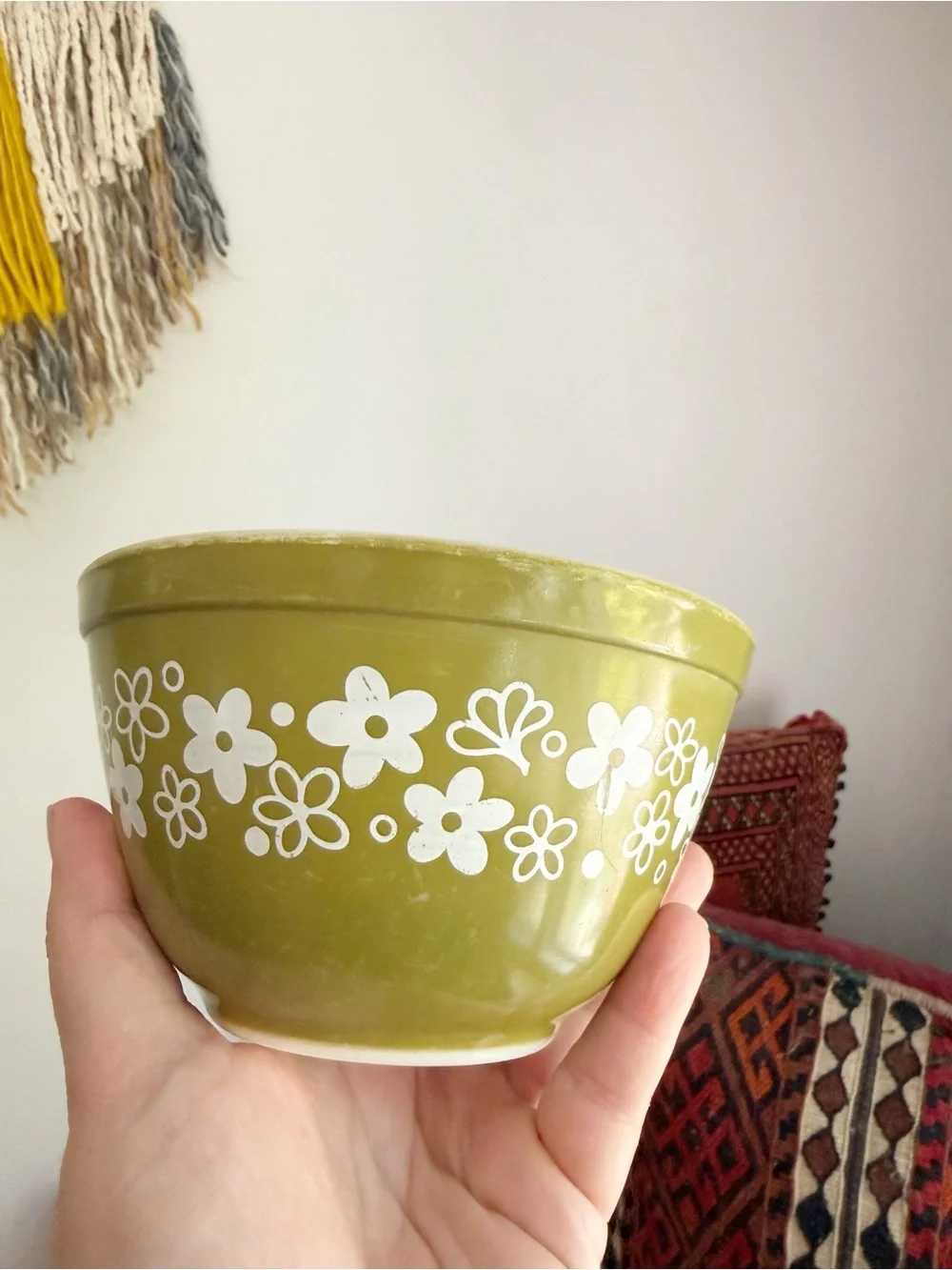 Vintage Pyrex Spring Blossom Green Crazy Daisy 401 1.5 Pint Mixing Bowl Retro